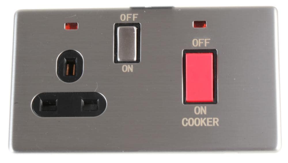 PRO ELEC Screwless Cooker Switch with Neon Indicator – 45A Cooker, 13A Socket, Stainless Steel Finish – PELB1154