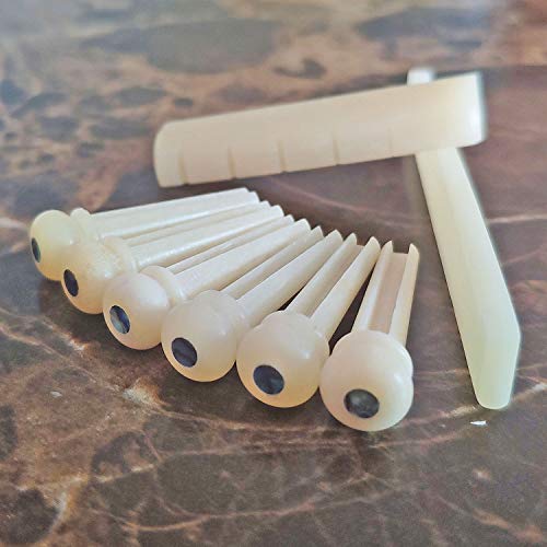 Vecentmat 9Pcs Unbleached Bone Guitar Part Set, Guitar Bridge Pins With Abalone Dot Inlay & Guitar Nuts & Guitar Saddle & Guitar Pin Puller Was Included.