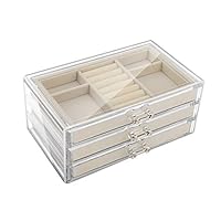 Emibele Jewelry Organizer, 3 Layers Storage Case for Ring Earring Necklace Bracelet Display Makeup Organizer with Drawers Gift for Women Ladies Girls - Beige