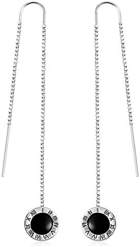 OUXi Sterling Silver Black Stone Long Threader Drop Earrings for Women