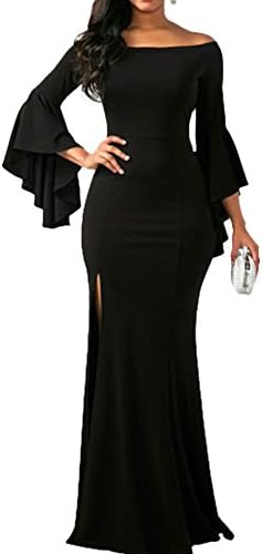 LaCouleur Women's High Slit Bell Sleeve Off Shoulder Mermaid Long Maxi Evening Dress Gown Black L