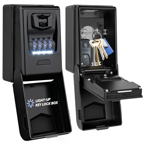 ENONEO External Backlit Key Safe Box with 4 Digit Code Key Box Waterproof Key Box for Home School