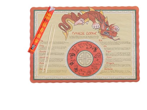 Combo Chopsticks and Placemat, Set wit 50 9" Premium Disposable Bamboo Chopsticks, Sleeved, Separated with 50 Chinese Zodiac Paper Placemats Place mat for Chinese events disposable - Thumbnail 2