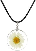 stylesilove Womens Pressed Natural Daisy Flower Resin Pendant Necklace (White with Leather Rope) (White with Leather Rope) (White with Leather Rope)