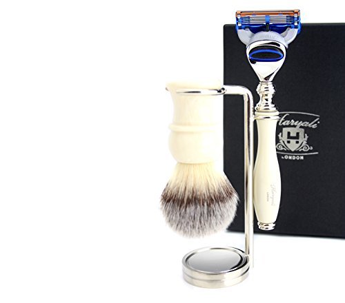 Haryai London Mens Shaving Kit 5 Edge Shaving Razor with Synthetic Badger Hair Brush and Stand Perfect Set for Men