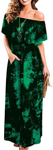 Womens Off The Shoulder Ruffle Party Dresses Tie Dye Split Maxi Long Dress