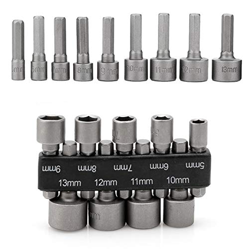 Wrench - 9pcs 5-13mm Power Nut Driver Drill Bit 1/4" Hex Shank Metric Socket Wrench Screw - Thumbnail 2