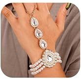 Xerling Pearl Finger Ring Bracelets Layered Hand Chain for Women Hand Harness Boho Slave Bracelets Crystal Rhinestone Hand Bracelets for Women