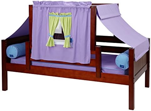 Maxtrix Solid Hardwood Twin-Size Toddler Daybed with Front and Back Guard Rails and Top Tent, Chestnut Finish, Purple, Green, and Light Blue Fabric