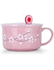 VanEnjoy 30oz Ceramic Bowl Set with Lid & Handle,Cherry Blossoms Among Snow Flake Pattern,Microwave for Instant Noodle Sara, Cereal Bowl (Pink)