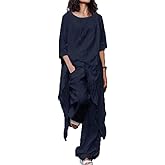 Mnpalettey Artistic Style Loose Suit, Women's Casual 3/4 Sleeve Irregular hem Dress Summer Round Neck Cotton Linen Pants