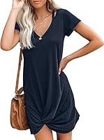 Berryou Women Short Sleeve Loose Summer Dress V Neck Front Knot Twist Tie Ultra-Soft Casual Dresses Trendy 2021