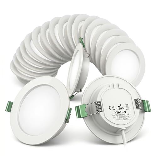 20 Pieces LED Recessed Spotlight Kit Ultra Slim 4W 339LM Natural White Light 4000K Plastic Ceiling Panel for Plasterboard, Anti-Corrosion and Safe Insulation, for Kitchen, Bathroom, Living Room