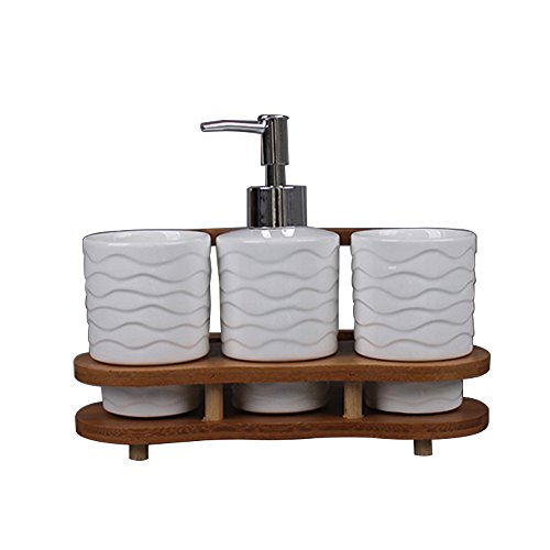 image for Generic Ceramics Soap Dispenser and 2 Tumblers, Bamboo Toothbrush Hold