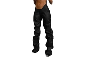 LROSEY Faux Leather Stacked Pants for Women – Sexy Y2K Rave Concert Low Rise V Waist Streetwear Space Alien Costume
