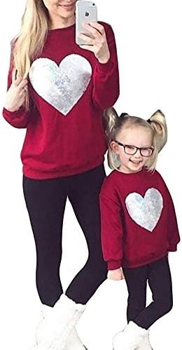 Family Mom and Daughter Matching Outfits Winter,Mother and Daughter Clothes Sweatshirt Heart-Shaped Sequins Pullover for Women Girls