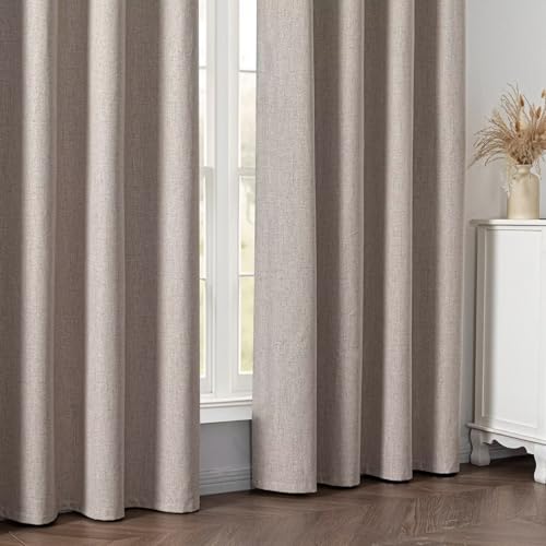 Zyvola 100% Blackout Curtains 84 inch Length 2 Panels Faux Linen Long Drapes for Bedroom Nursery Living Room Black Out Room Darkening Curtain Thermal Insulated Back Tab Rod Pocket(W52 x L84, Beige)