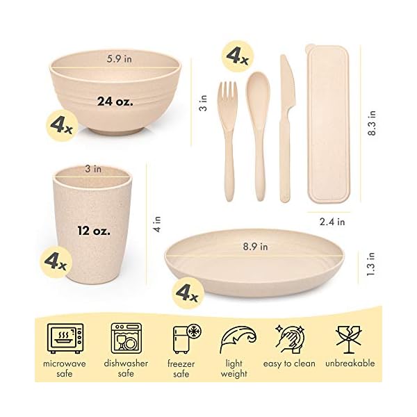 FOODLE Wheat Straw Dinnerware Sets (28pcs) Lightweight & Unbreakable