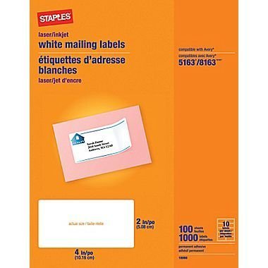 Staples White Inkjet/Laser Shipping Labels, 2" X 4", 1,000/Box