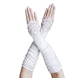 ZaZa Bridal Gathered Satin Fingerless Gloves w/ Floral Embroidery Lace & Sequins