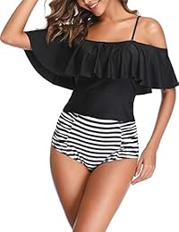 Verano Playa Trajes de baño de dos piezas con volantes impresos para dama, control de barriga, tankini de cintura alta