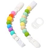 Teether Pacifier Clips - (2 Pack) Silicone Pacifier Holders for MAM, Nuk & Soothie - Fun, Colorful and BPA-Free Unisex Pacifier Holder (Rainbow Heaven + Calming Green)