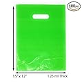100 Pack 12" x 15" with 1.25 mil Thick Green Merchandise Plastic Glossy Retail Bags | Die Cut Handles | Perfect for Shopping, Party Favors, Birthdays, Children Parties | Color Green | 100% Recyclable