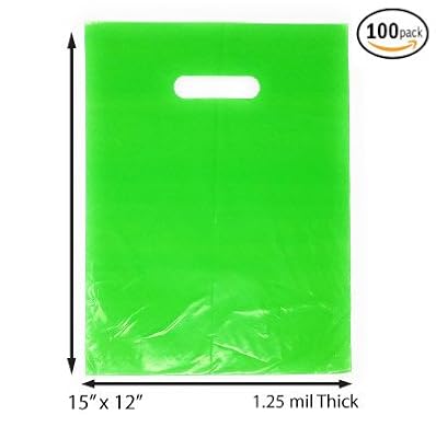 100 Pack 12" x 15" with 1.25 mil Thick Green Merchandise Plastic Glossy Retail Bags | Die Cut Handles | Perfect for Shopping, Party Favors, Birthdays, Children Parties | Color Green | 100% Recyclable
