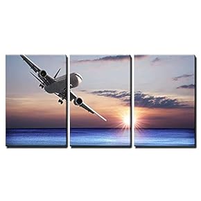 3 Piece Canvas Wall Art - Jet Aircraft Over The Sea - Modern Home Art Stretched and Framed Ready to Hang - 16"x24"x3 Panels