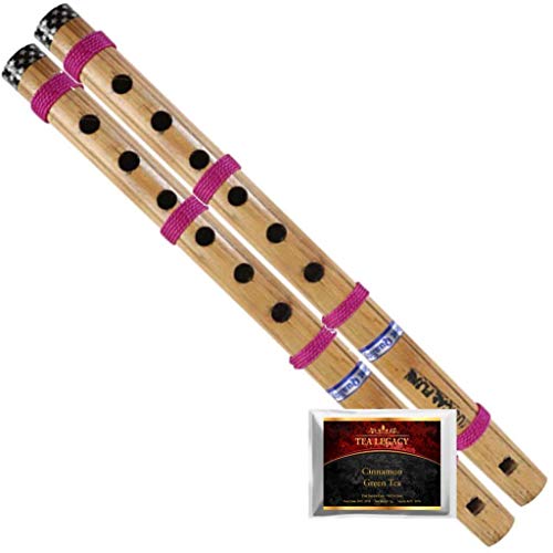 Indian Bansuri Flute Set (2 Pack Bundle with Free Tea Legacy Sampler) 6 Holes Handmade Bamboo Flute Musical Instrument Recorder Woodwind Fipple & Transverse Flutes - Size 14 Inches Approx Each