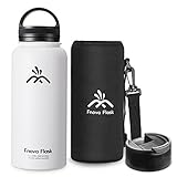 32 oz Stainless Steel Water Bottle, Fnova Flask Insulated Double Walled Vacuum Thermos, Wide Mouth bouns Protective Pouch/Carry Cover and Coffee Lid, BPA-Free, Cold 24 Hrs / Hot 12 Hrs (32oz White)