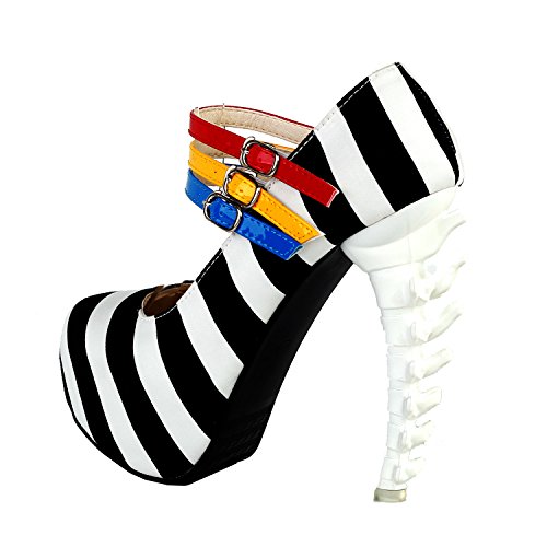 SHOW-STORY-Black-White-Stripe-3-Strap-Platform-Bone-Heel-Mary-Jane-PumpsLF80636