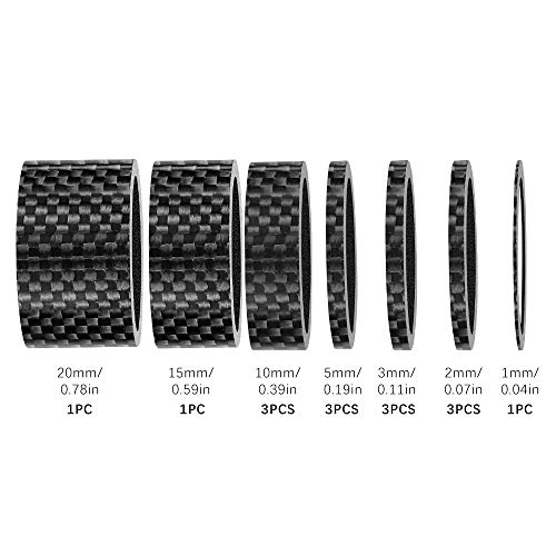 Dreamtop 15 Pcs Bike Carbon Fiber Headset Spacer Bicycle Stem Spacer Kit 1-1/8" for Mountain Bike Road Bikes,1/2/3/5/10/15/20mm, 7 Sizes