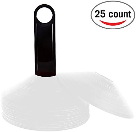 Yogree Agility Disc Cone Set of 25 - Perfect For Soccer, Football & Any Ball Game To Mark - Disc Training Cones - Mini Cones - Field Markers w/ Plastic Holder White