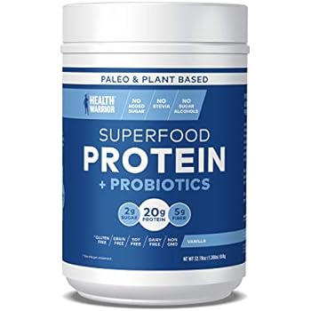 HEALTH WARRIOR Superfood Protein Powder, Vanilla, 18 Servings, 20g Plant-Based Protein, Vegan, Non-GMO, Gluten Free, Paleo, Stevia Free, Low Sugar, Probiotics and Prebiotics