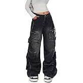 Lafaguw Women's Cargo Pants Low Waist Baggy Jeans Pocket Wide Leg Casual Trendy Streetwear Grunge Emo Clothes