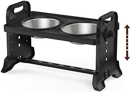 Lewondr Raised Pet Bowls for Dogs and Cats 4 Adjustable Height Stainless Steel Food and Water Bowls Pet Dish with Double Bowls Detachable Elevated Feeder Dishwasher Safe – Black