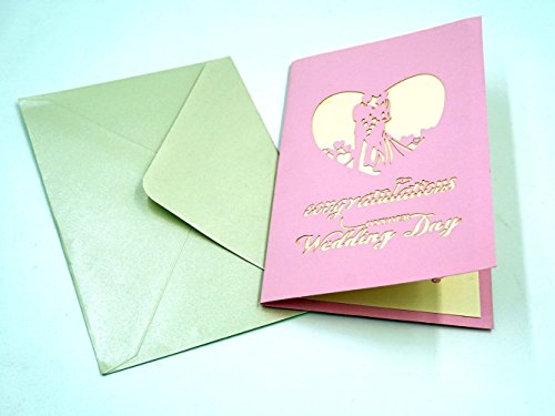 SUNREEK8482; Papercraft Handmade 3D Pop Up Wedding Invitation Cards (Wedding Garland) -Envelopes Included (Pink)
