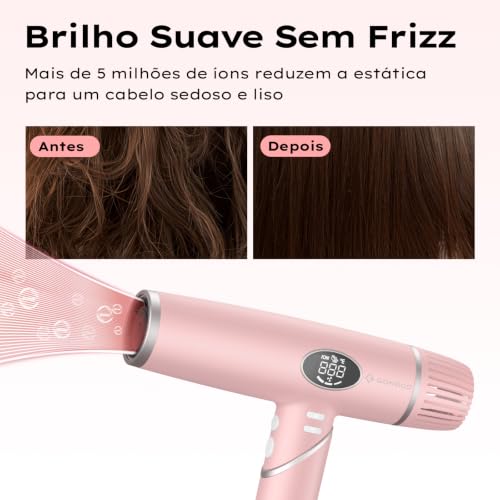 GOKOCO Secador de Cabelo Dobrável de Alta Velocidade,Bivolt,GD045 Motor Brushless 110.000 RPM,Íons Negativos,4 Temperaturas,3 Velocidades,com Difusor e Bicos Modeladores para Viagem,Ouro