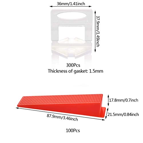 OFNMY Tile Leveling System, 300-Pack 1.5mm Leveling Spacers Clips + 100-Pack Reusable Wedges for Leveling Porcelain, Ceramic, Marble and All-natural Stone Tiles