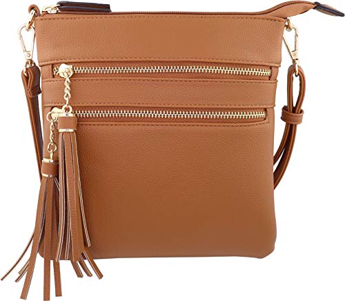 Vegan Mini Multi-Zipper Crossbody Handbag Purse with Tassel Accents with RFID Protection (Tan RF)