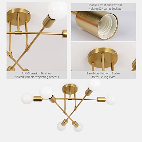 namito Deckenleuchte Vintage Wohnzimmer, 6 Flammige Vintage Deckenlampe Retro Kronleuchter Gold Vergoldet für Esszimmer Küche Bar Restaurant, 230V, E27 Fassung, Ohne Lampen