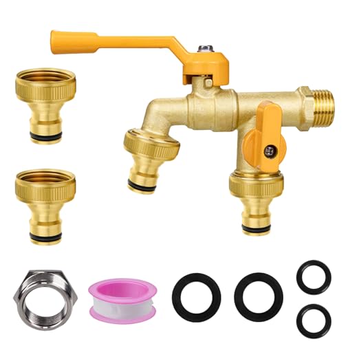 Double Garden Tap, 1/2-inch Garden Tap with Two 3/4-inch Brass Outdoor tap, Dual Ball Valve outlets with Dual Hose connectors, Rust-Proof and Freeze-Proof，Suitable for Gardens and Home Industries
