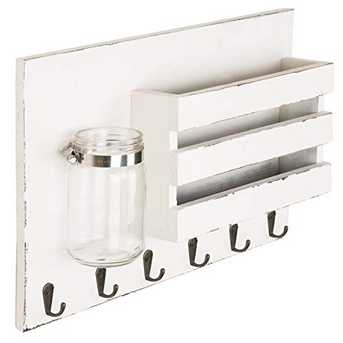 MyGift Vintage White Wood Key and Mail Holder for Wall Rack with 6