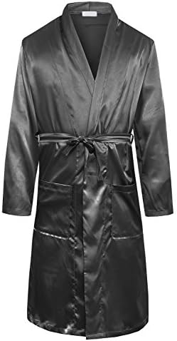 Happy Ever Men Satin Robe Long Classic Bathrobe Lightweight Sleepwear SY11 (L, Black)