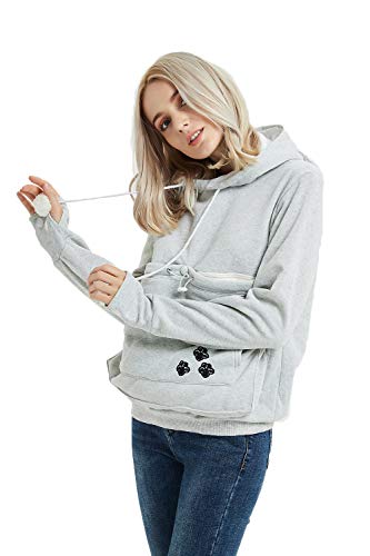 Womens Unisex Big Kangaroo Pouch Hoodie Cat Ear Long Sleeve Pet Dog Holder Carrier Sweatshirt, Grey, Large
