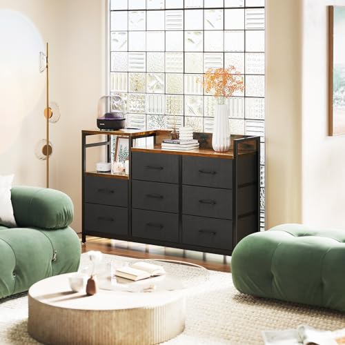 ODK Chest of Drawers Bedroom, Contains 2 USB & 2 AC Ports Sockets, Storage Dresser with 8 Fabric Drawers Suitable for Bedrooms, Living Rooms, Retro Color