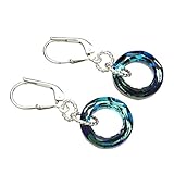 Sterling Silver Leverback Earrings Round Ring Donut Made with Swarovski Crystals