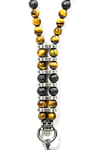 Handgefertigte Halskette Rosenkranz Totenkopf Kette für Männer Herren aus Lava Vulkan Tigerauge Halbedelstein Bikerkette aus Edelstahl Y Kette Unisex – Bild 5