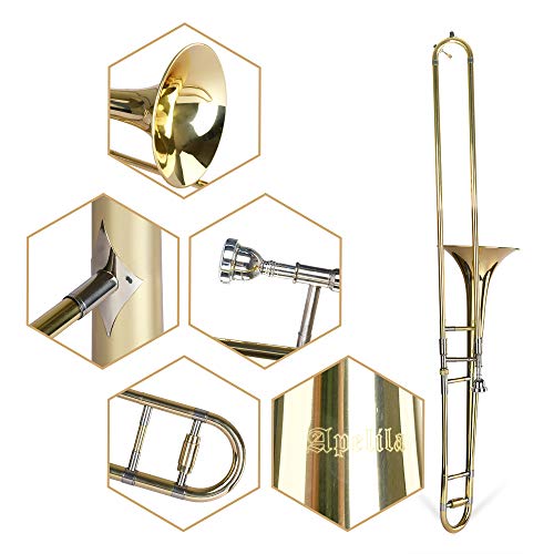 Apelila Gold Bb Tenor Trombone, Tuner, with Hard Case Mouthpiece Cleaning Kit & Care Kit Standard Student Beginner Brass Trombone